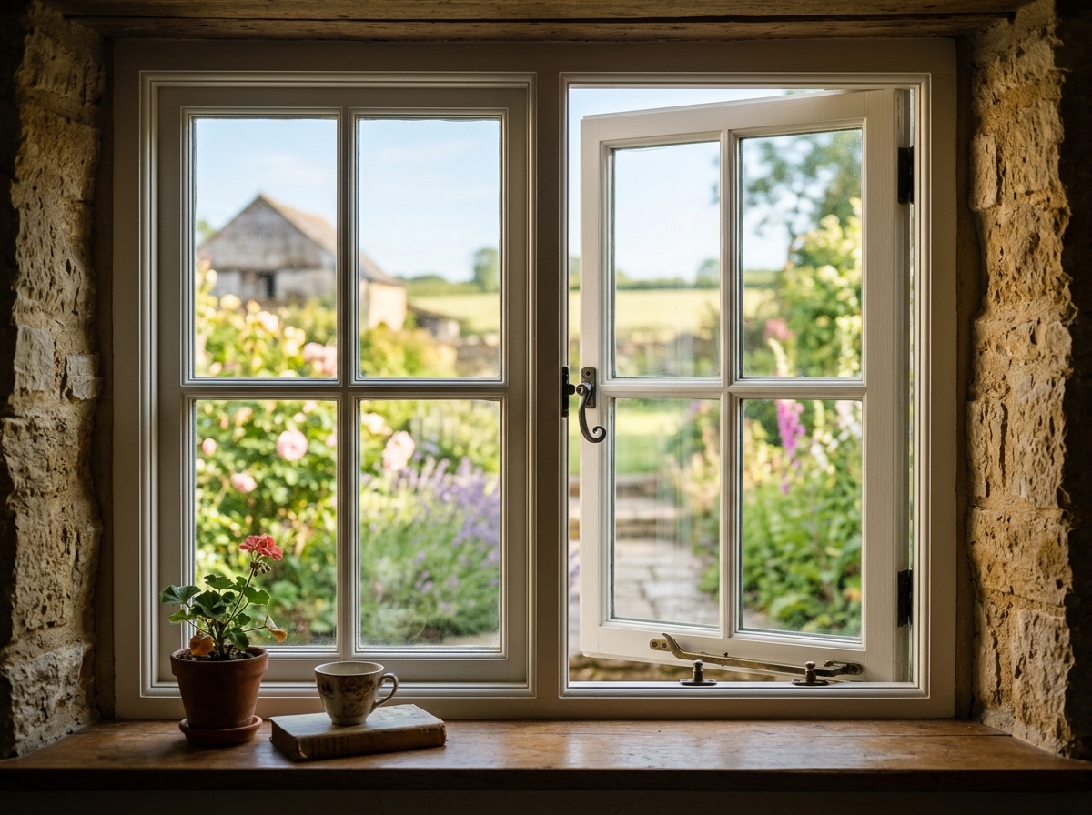 Traditional English flush timber casement window in stone cottage with brass cockspur latch
