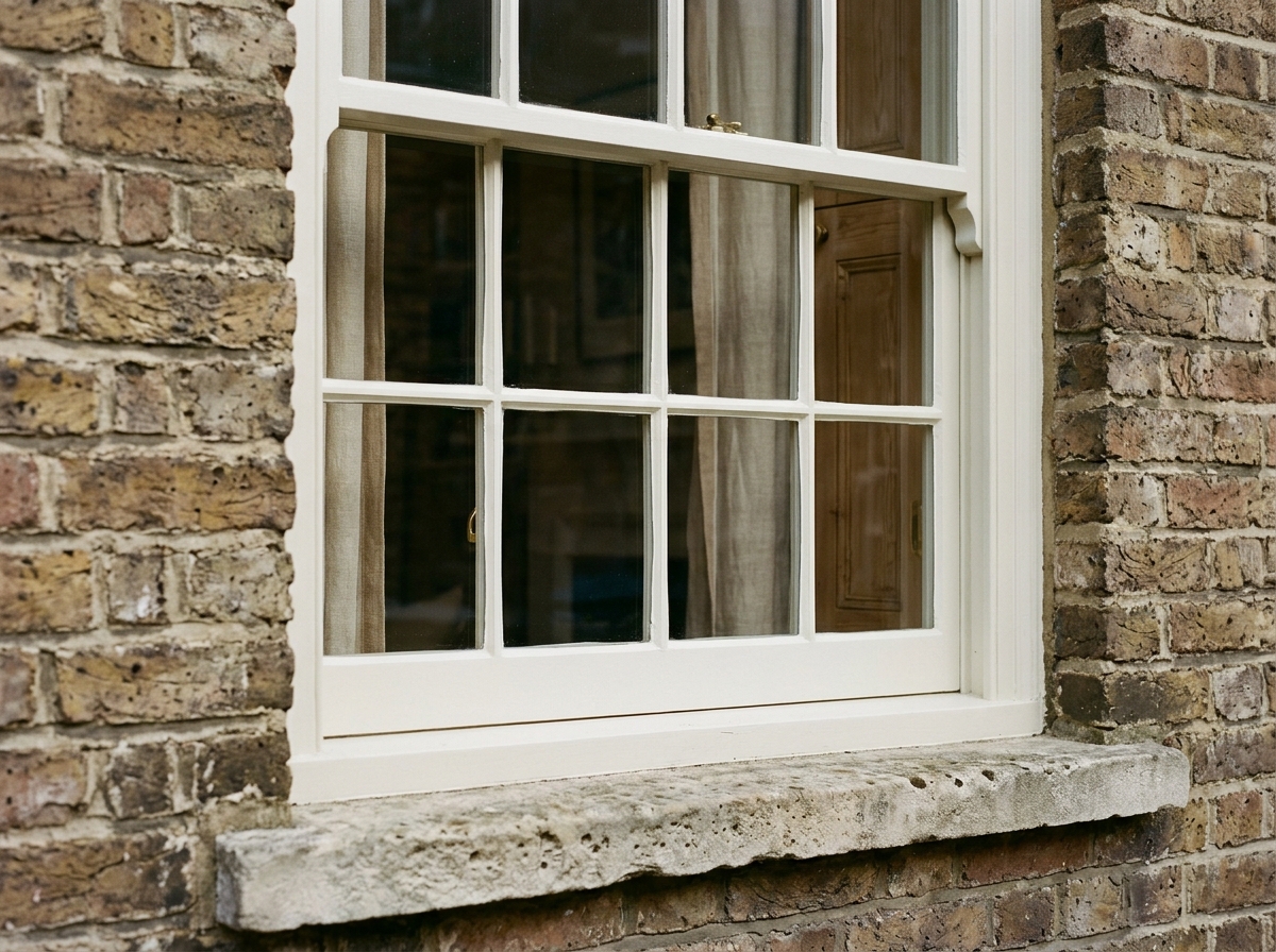 Architectural photograph of British Georgian six-over-six timber box sash window with restoration glass